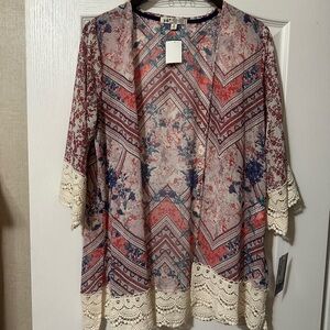 Jolt Multicolor Bohemian Kimono with Lace Trim